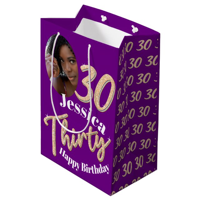 Thirty 30th Birthday photo faux gold silver purple Medium Gift Bag (Back Angled)