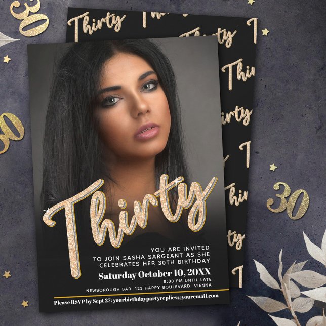 Thirty 30th Birthday photo script black gold Invitation (Creator Uploaded)