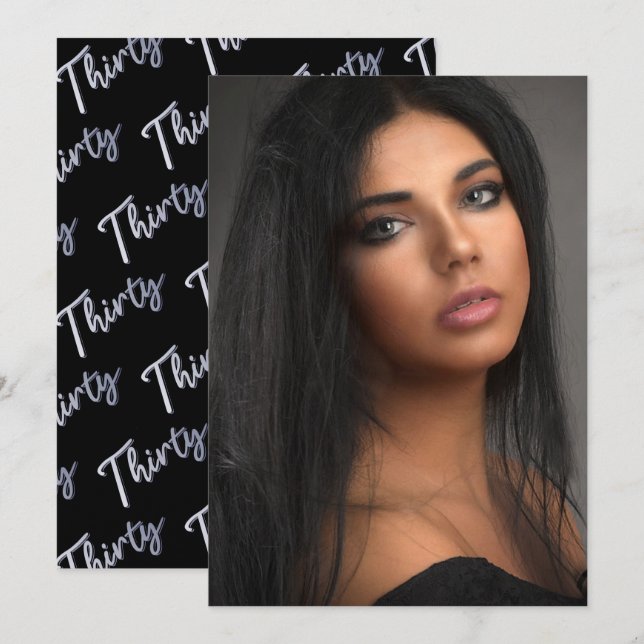 Thirty 30th Birthday photo script black silver Invitation (Front/Back)