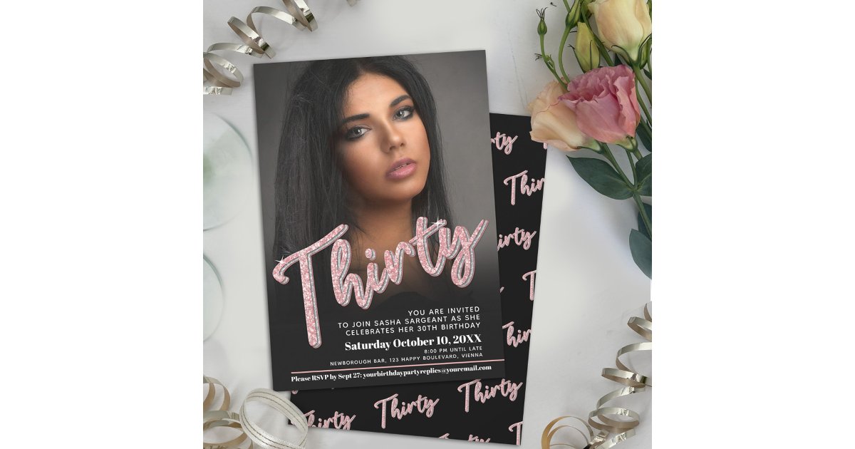 Thirty 30th Birthday photo script glitter pink Invitation | Zazzle