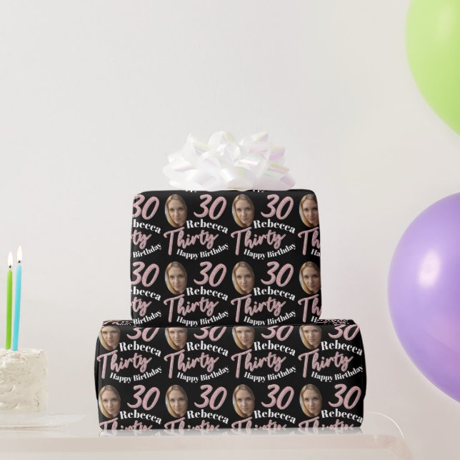 Thirty 30th Birthday photo script rose pink Wrapping Paper (Party Gifts)