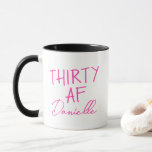 THIRTY AF 30th Birthday Funny Personalised Mug<br><div class="desc">Celebrate 30 in style with this fun and fabulous “THIRTY AF” birthday mug, customised with your name in a playful pink script. Whether you're sipping coffee the morning after the party or gifting your bestie something cheeky and personal, this mug makes turning thirty even more memorable. A bold, bright design...</div>