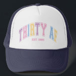 Thirty AF Custom Funny Turning 30 Birthday Trucker Hat<br><div class="desc">Celebrate the big 30 in style with this funny "Thirty AF" trucker hat Featuring a custom birth year, this retro-inspired design makes the perfect birthday gift for her. The collegiate-style font with bold, colourful letters adds a nostalgic touch, Comfy, trendy, and full of attitude—because turning 30 is a vibe! Rock...</div>