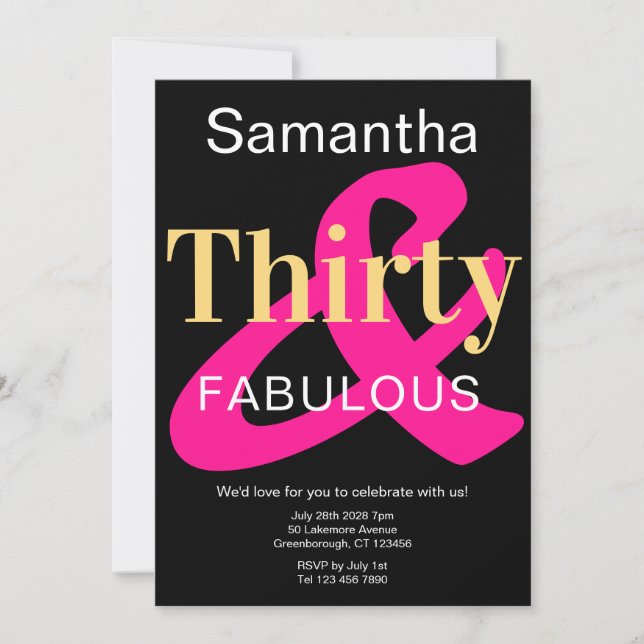 Thirty and Fabulous 30th Birthday Black Gold Pink Invitation (Front)