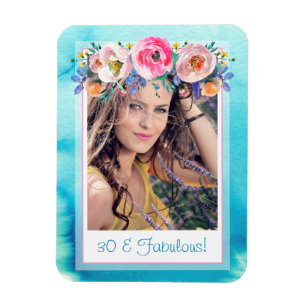 Thirty and Fabulous Blue Floral Photo Template Magnet