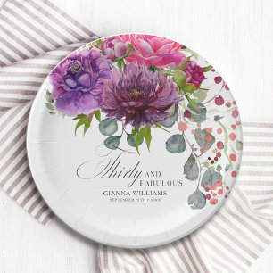 Thirty and Fabulous Elegant Floral 30th Birthday Paper Plate
