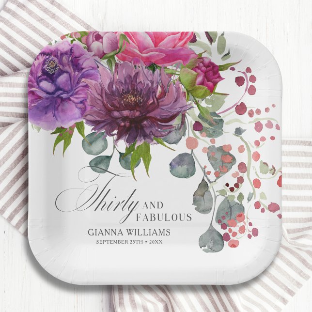 Thirty and Fabulous Elegant Floral 30th Birthday Paper Plate (Creator Uploaded)
