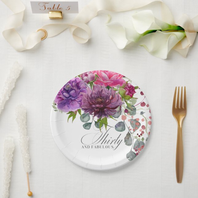 Thirty and Fabulous Elegant Floral 30th Birthday Paper Plate (Wedding)