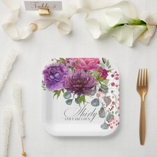 Thirty and Fabulous Elegant Floral 30th Birthday Paper Plate (Wedding)