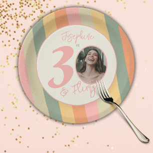 Thirty and Flirty Boho Pink Photo Birthday Party Paper Plate
