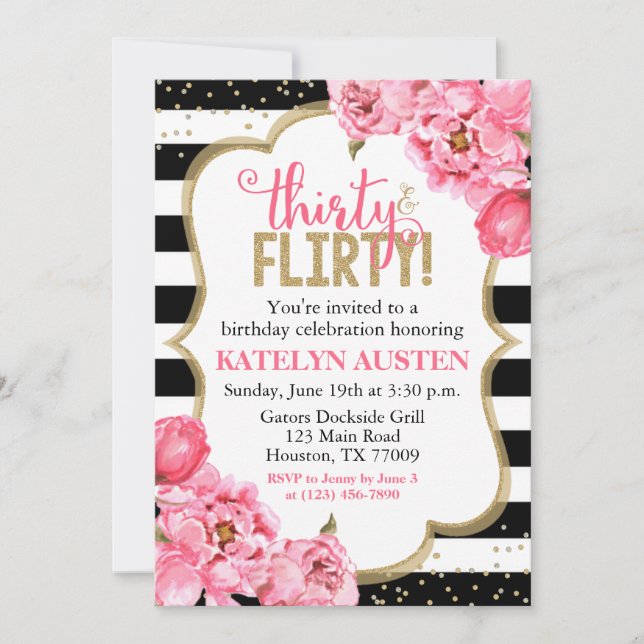 Thirty and Flirty Pink Gold Floral 30th Birthday Invitation (Front)