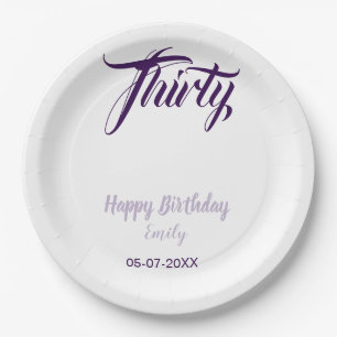 Thirty birthday 30th purple pastel name date styli paper plate