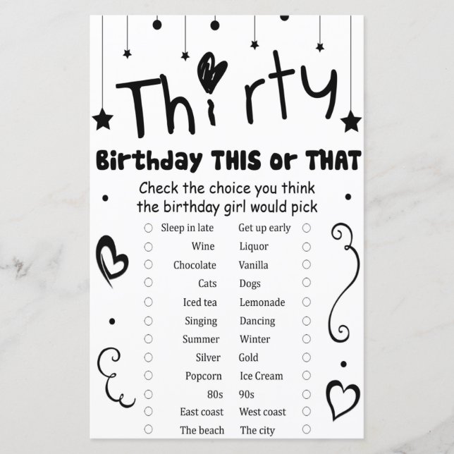 Thirty Birthday this or that game (Front)