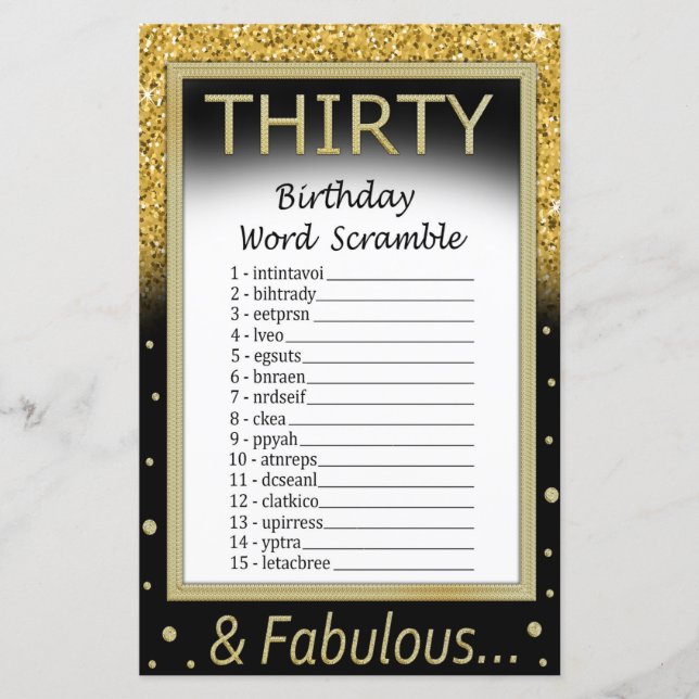 Thirty Birthday Word Scramble Game (Front)