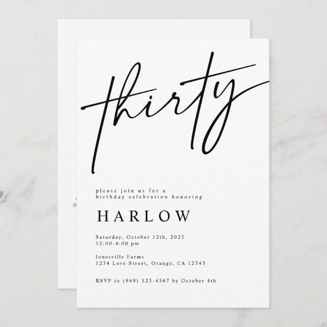 Thirty Black and White Birthday Invitation  (Front/Back)