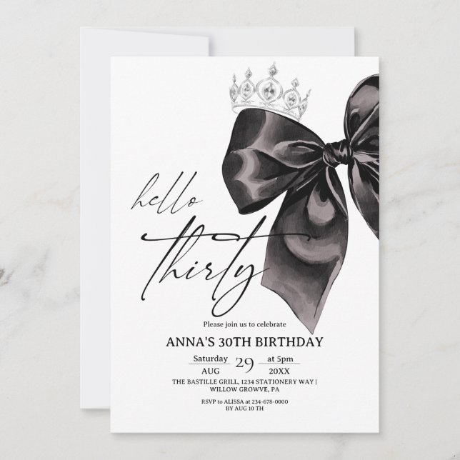 Thirty Black Bow 30th Birthday Invitation (Front)