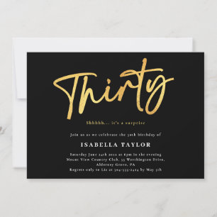 Thirty Black Gold 30th Birthday Invitation