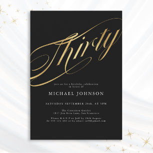 Thirty Black Gold Modern Minimalist 30th Birthday Invitation