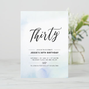 Thirty   Blue 30th Birthday Party Watercolor Invitation