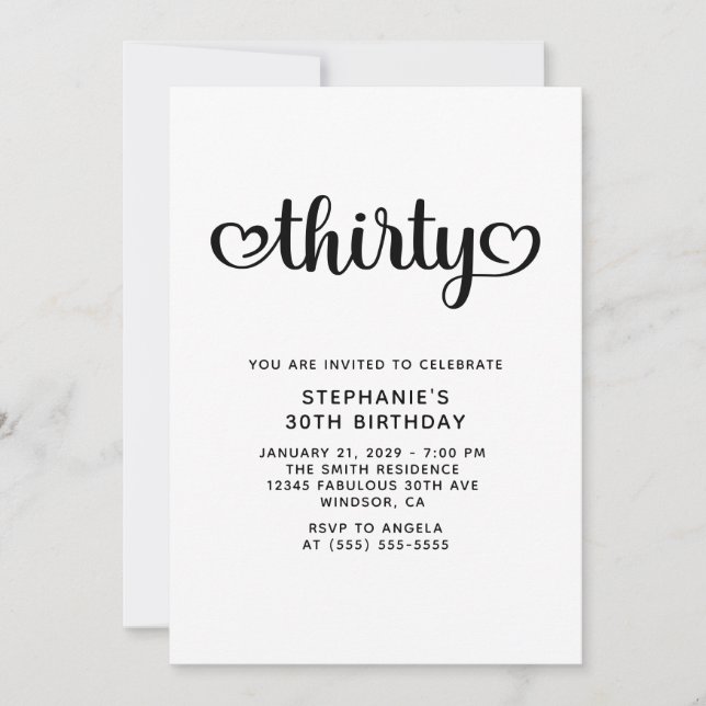 Thirty Cute Hearts Script 30th Birthday Invitation (Front)