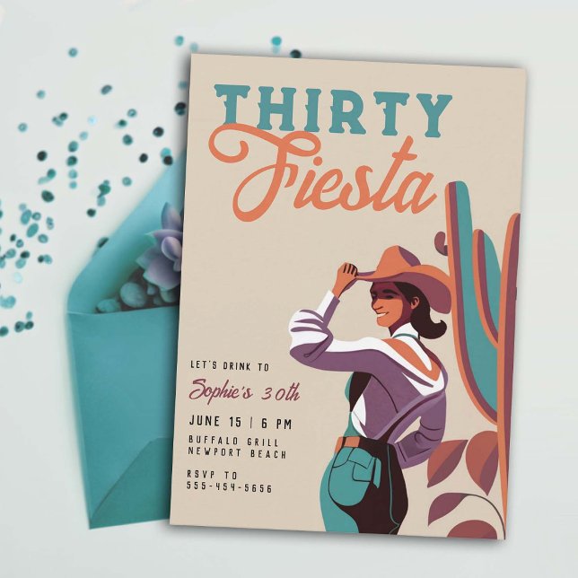 Thirty Fiesta Retro Country Western 30th Birthday Invitation (thirty fiesta 30 birthday party invitation women country western southwestern desert cactus teal )
