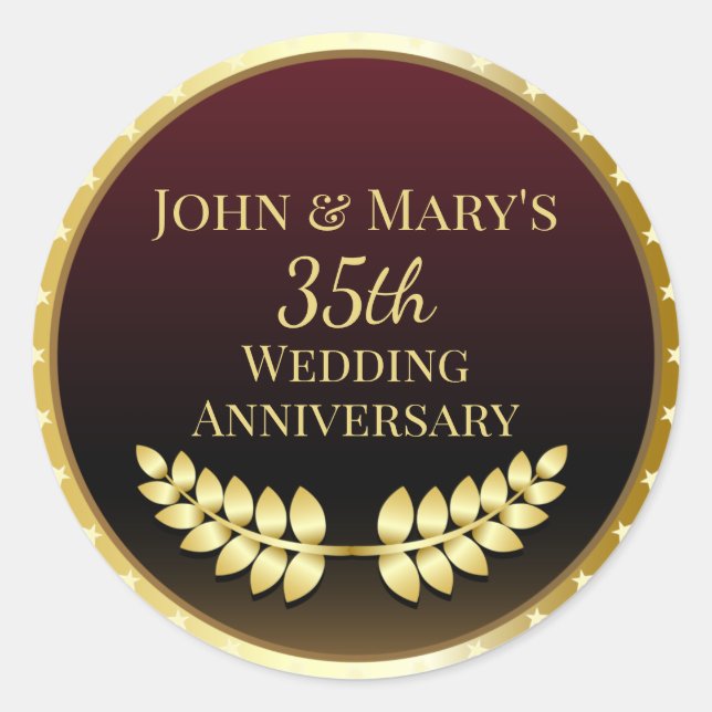 Thirty Fifth Wedding Anniversary Gold Medal Classic Round Sticker (Front)