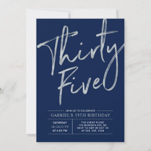 Thirty Five   Silver & Navy 35th Birthday Party Invitation