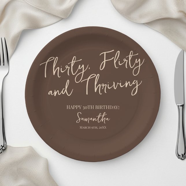 Thirty Flirty and Thriving Brown 30th Birthday Paper Plate (Thirty Flirty and Thriving Brown 30th Birthday Paper Plates)