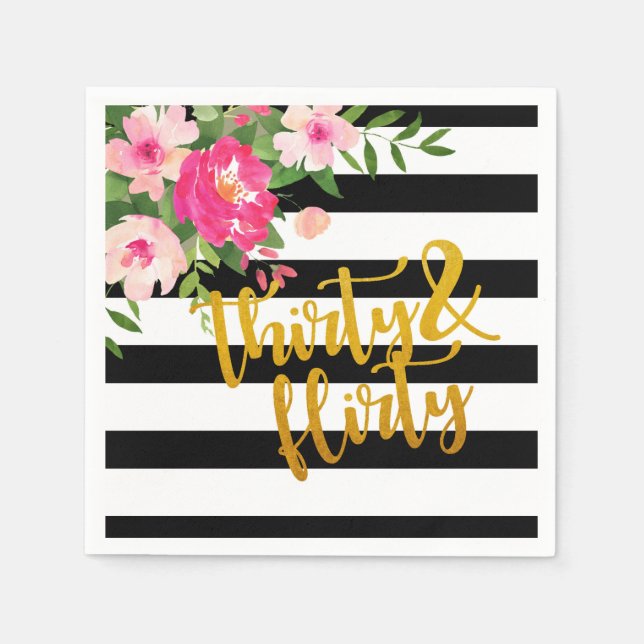 Thirty & Flirty Napkin - Black/White Stripes (Front)