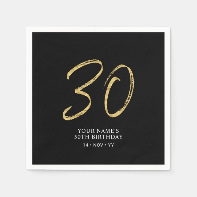 Thirty | Gold & Black Lettering 30th Birthday Napkin (Front)
