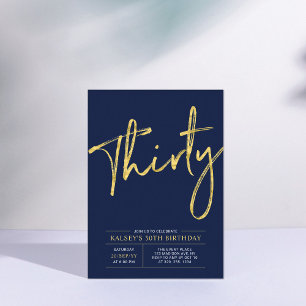 Thirty Gold & Blue Modern 30th Birthday Party Invitation