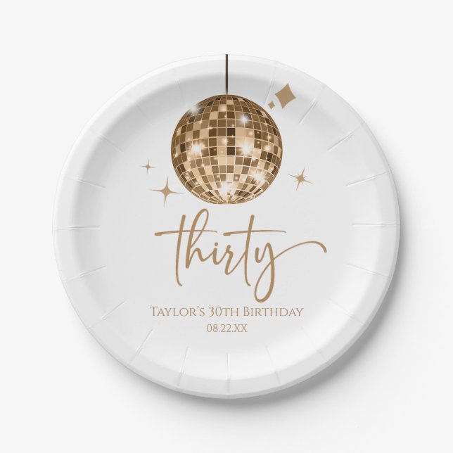 Thirty Gold Disco Ball 30th Birthday Party Paper Plate (Front)