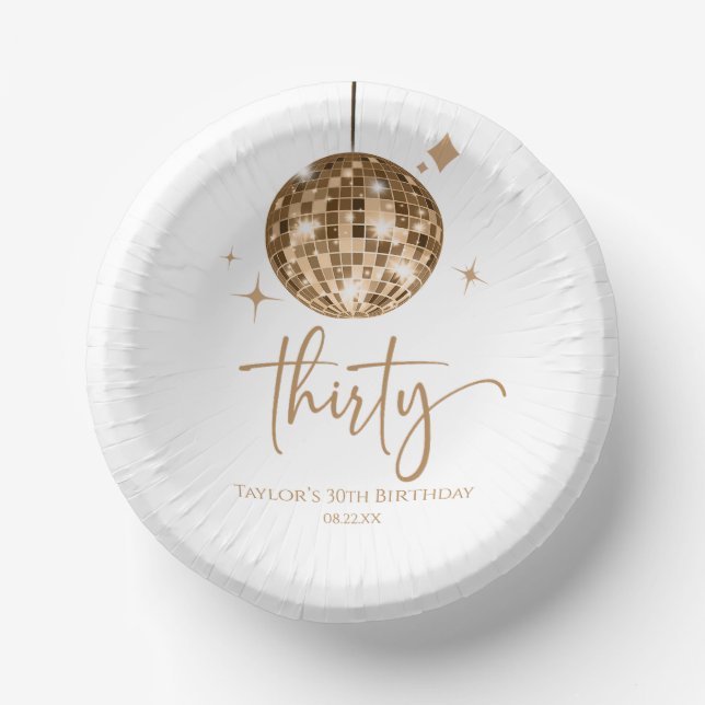 Thirty Gold Disco Ball 30th Birthday Party Paper Plate (Front)