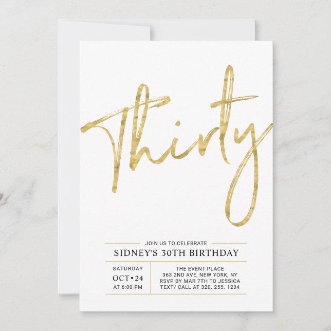 Thirty | Gold Modern 30th Birthday Party Invitation (Front)