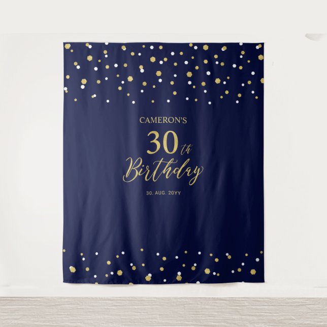 Thirty | Gold & Navy 30th Birthday Party Backdrop Tapestry (Front)