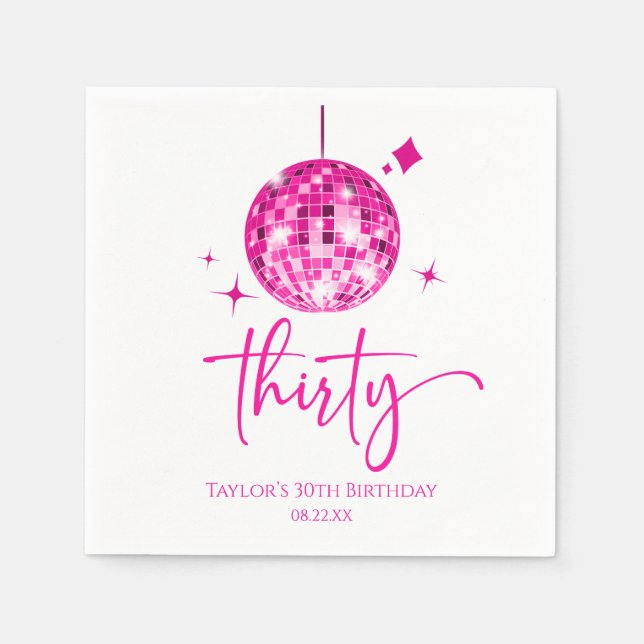 Thirty Pink Disco Ball 30th Birthday Party Napkin (Front)
