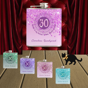 Thirty & Pink Glitter & Drinking Quote Hip Flask