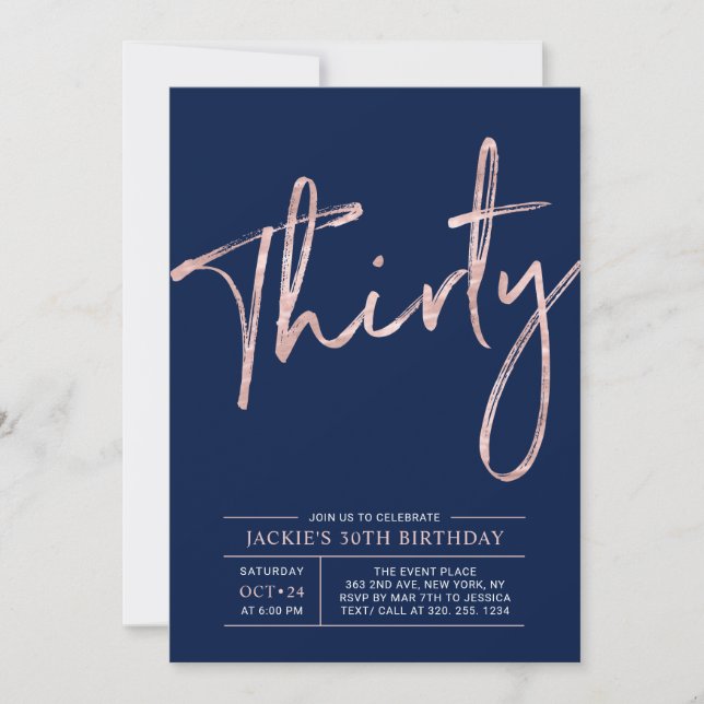 Thirty | Rose Gold & Blue 30th Birthday Party Invitation (Front)