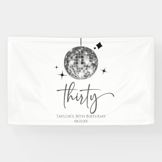Thirty Silver Disco Ball 30th Birthday Party Banner (Horizontal)