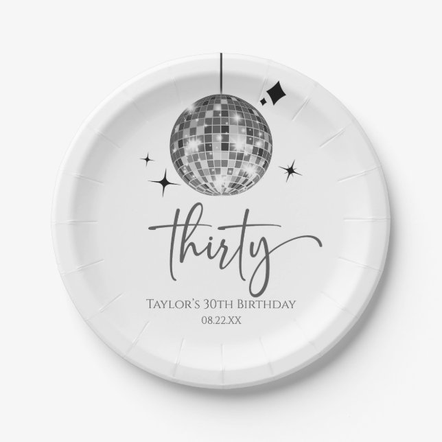 Thirty Silver Disco Ball 30th Birthday Party Paper Plate (Front)