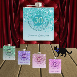 Thirty & Teal Blue Glitter & Drinking Quote Hip Flask
