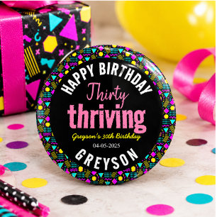 Thirty & Thriving Black and Retro 30th Birthday 3 Cm Round Badge