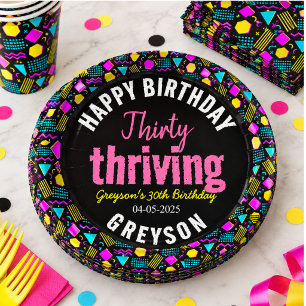 Thirty & Thriving Black and Retro 30th Birthday Paper Plate