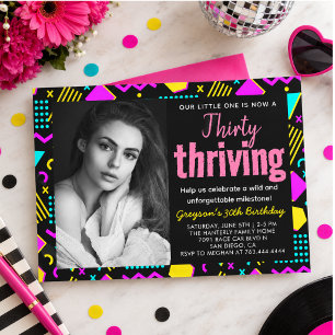 Thirty & Thriving Black and Retro Birthday photo Invitation