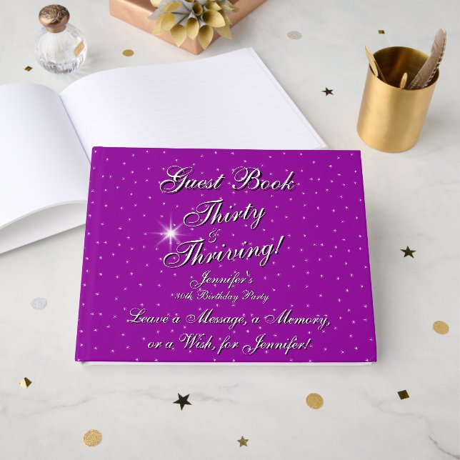 Thirty & Thriving Pink Purple 30th Birthday Guest Book (Front Open)