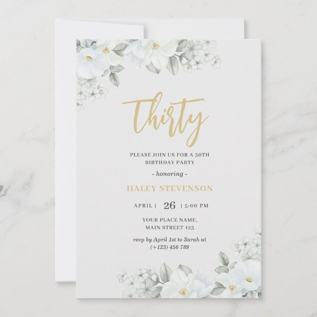 Thirty White & Gold Elegant White Floral Birthday Invitation (Front)