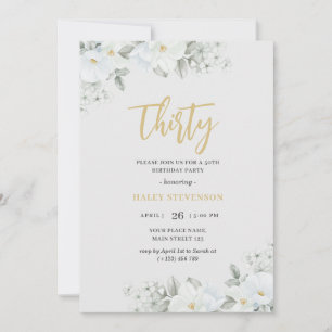 Thirty White & Gold Elegant White Floral Birthday Invitation