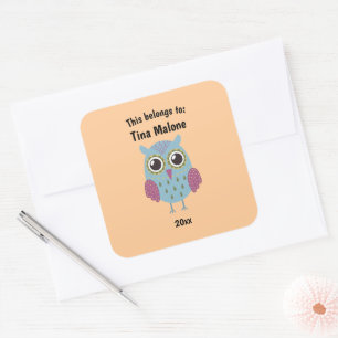 This Belongs to Back to School Blue Owl Orange Square Sticker