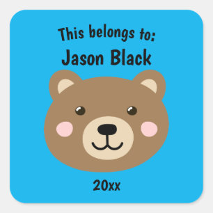 This Belongs to Back to School Brown Bear Blue Square Sticker