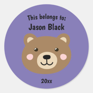 This Belongs to Back to School Brown Bear Purple Classic Round Sticker